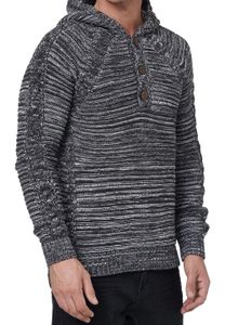 Striking men's chunky knit hooded pullover with button placket and cable knit texture, knit hoodie sweater 13385 anthracite