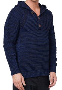 Striking men's chunky knit hooded pullover with button placket and cable knit texture, knit hoodie sweater 13385 Indigo