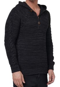 Striking men's chunky knit hooded pullover with button placket and cable knit texture, knit hoodie sweater 13385 Black