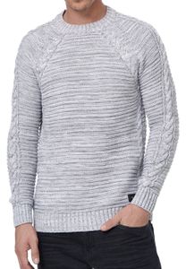 Modern men's chunky knit sweater with cable details and round neck, slim fit knit sweater 13386 Grey