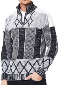 Unique men's knit sweater with stand-up collar, patterned regular fit sweater 13388 Black/White