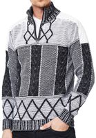 Pull homme unique en maille, col montant, coupe classique, motif 13388 Noir/Blanc