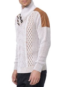 Trendy men's stand-up collar sweater with cable knit pattern, chunky knit sweater 13391 White