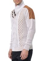 Trendy men's stand-up collar sweater with cable knit pattern, chunky knit sweater 13391 White