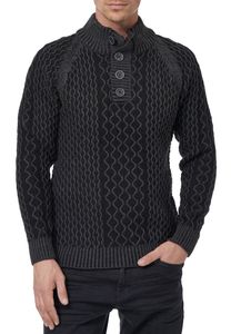 Striking men's knit sweater with stand-up collar and button placket. Contrast sweater in textured knit. 13394 Anthracite