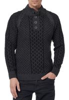 Striking men's knit sweater with stand-up collar and button placket. Contrast sweater in textured knit. 13394 Anthracite