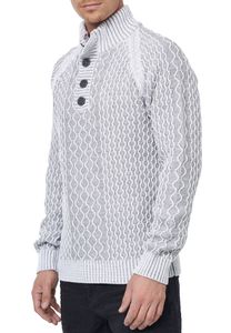 Striking men's knit sweater with stand-up collar and button placket. Contrast sweater in textured knit. 13394 White