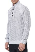 Striking men's knit sweater with stand-up collar and button placket. Contrast sweater in textured knit. 13394 White