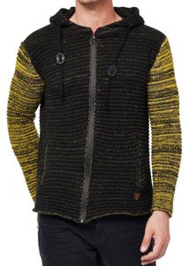 Schwere Herren Grobstrick-Jacke mit Kapuze und Zipper Biker Sweat-Jacke 13408 Schwarz/Gelb