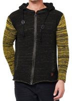 Schwere Herren Grobstrick-Jacke mit Kapuze und Zipper Biker Sweat-Jacke 13408 Schwarz/Gelb