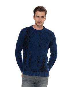 Zeitloser Herren Rundhals-Pullover im Zweifarben-Design Feinstrick-Sweater 13433 Sax-Blau