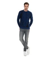 Zeitloser Herren Rundhals-Pullover im Zweifarben-Design Feinstrick-Sweater 13433 Sax-Blau