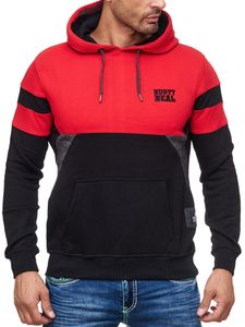 Sporty men's hoodie in colorblock design, hooded pullover with kangaroo pocket, sweater 19041, red