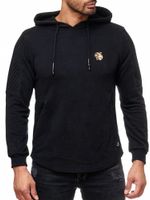 Modern men's hoodie with textured sleeves and logo patch, hooded pullover sweater 19072, black