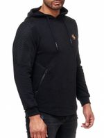 Modern men's hoodie with textured sleeves and logo patch, hooded pullover sweater 19072, black