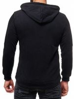 Modern men's hoodie with textured sleeves and logo patch, hooded pullover sweater 19072, black