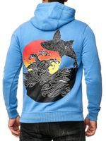Sweat à capuche pour homme avec imprimé vagues et motif baleine, grand imprimé au dos, pull 19106, bleu