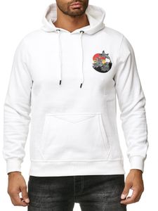 Men's hooded sweatshirt with wave print and whale motif, hoodie with large back print, sweater 19106, white