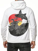 Men's hooded sweatshirt with wave print and whale motif, hoodie with large back print, sweater 19106, white