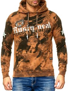 Men's batik-look hooded sweatshirt with vintage print, used style sweater 19112 Camel