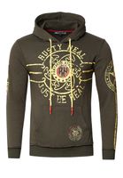 Casual men's hooded sweatshirt with logo print and kangaroo pocket, 19127 Khaki