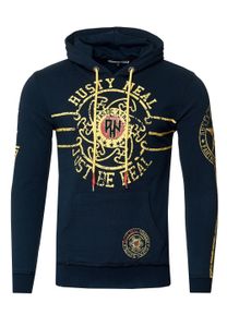 Casual men's hooded sweatshirt with logo print and kangaroo pocket, navy blue, 19127
