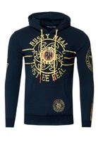 Casual men's hooded sweatshirt with logo print and kangaroo pocket, navy blue, 19127
