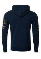 Casual men's hooded sweatshirt with logo print and kangaroo pocket, navy blue, 19127