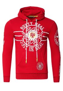 Casual men's hooded sweatshirt with logo print and kangaroo pocket, red, 19127
