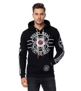 Casual men's hooded sweatshirt with logo print and kangaroo pocket, black, 19127