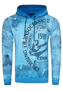Exclusive men's hooded pullover, oil-washed hoodie with button placket and sea print sweater 19128 Petrol