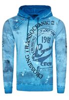Exclusive men's hooded pullover, oil-washed hoodie with button placket and sea print sweater 19128 Petrol