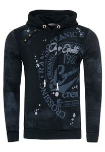 Exclusive men's hooded pullover, oil-washed hoodie with button placket and sea print sweater 19128 Black