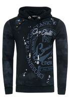 Exclusive men's hooded pullover, oil-washed hoodie with button placket and sea print sweater 19128 Black