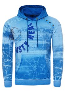 Modern men's hooded sweatshirt, oil-washed hoodie with decorative button placket, sweatshirt 19129, blue