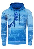 Modern men's hooded sweatshirt, oil-washed hoodie with decorative button placket, sweatshirt 19129, blue