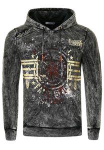 Pull à capuche pour homme, modèle 19130 anthracite, en toile délavée à l'huile avec imprimés vintage et boutons décoratifs.