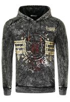 Pull à capuche pour homme, modèle 19130 anthracite, en toile délavée à l'huile avec imprimés vintage et boutons décoratifs.