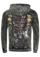 Pull à capuche pour homme, modèle 19130 anthracite, en toile délavée à l'huile avec imprimés vintage et boutons décoratifs.