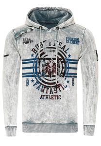 Pull à capuche pour homme, modèle 19130 gris, en toile délavée à l'huile avec imprimés vintage et boutons décoratifs.