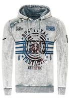 Pull à capuche pour homme, modèle 19130 gris, en toile délavée à l'huile avec imprimés vintage et boutons décoratifs.