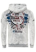 Pull à capuche pour homme, modèle 19130 gris, en toile délavée à l'huile avec imprimés vintage et boutons décoratifs.