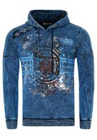 Pull à capuche homme remarquable, en toile délavée à l'huile avec imprimés vintage et détails de boutons, référence 19130, bleu marine