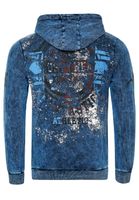 Pull à capuche homme remarquable, en toile délavée à l'huile avec imprimés vintage et détails de boutons, référence 19130, bleu marine