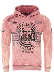 Pull à capuche pour homme, modèle 19130, rose, en toile délavée à l'huile avec imprimés vintage et boutons décoratifs.