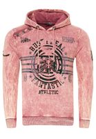 Pull à capuche pour homme, modèle 19130, rose, en toile délavée à l'huile avec imprimés vintage et boutons décoratifs.