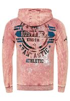 Pull à capuche pour homme, modèle 19130, rose, en toile délavée à l'huile avec imprimés vintage et boutons décoratifs.