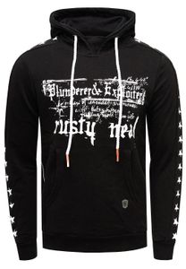 Modern men's hooded sweatshirt with star prints on the sleeves, hoodie with kangaroo pocket, sweater 19138, black