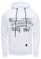 Modern men's hooded sweatshirt with star prints on the sleeves, hoodie with kangaroo pocket, sweater 19138, white