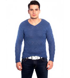 Moderner Herren Strick-Pullover V-Ausschnitt Slim Fit Strukturstrick-Sweater 3172 Blau